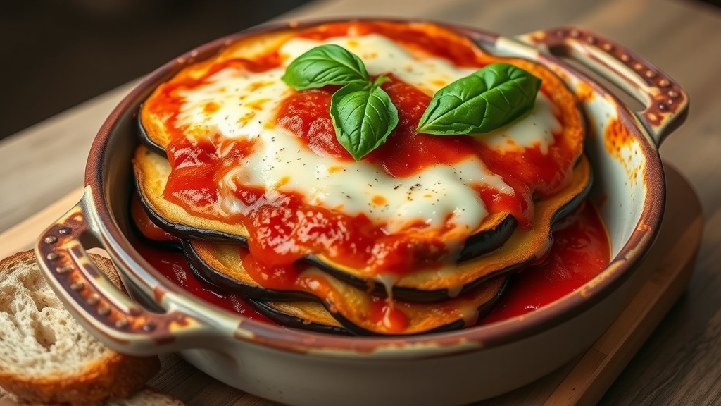 Classic Eggplant Parmesan Recipe Layered Eggplant Parmesan with breaded eggplant, marinara sauce, and melted cheese, garnished with basil on a rustic table.